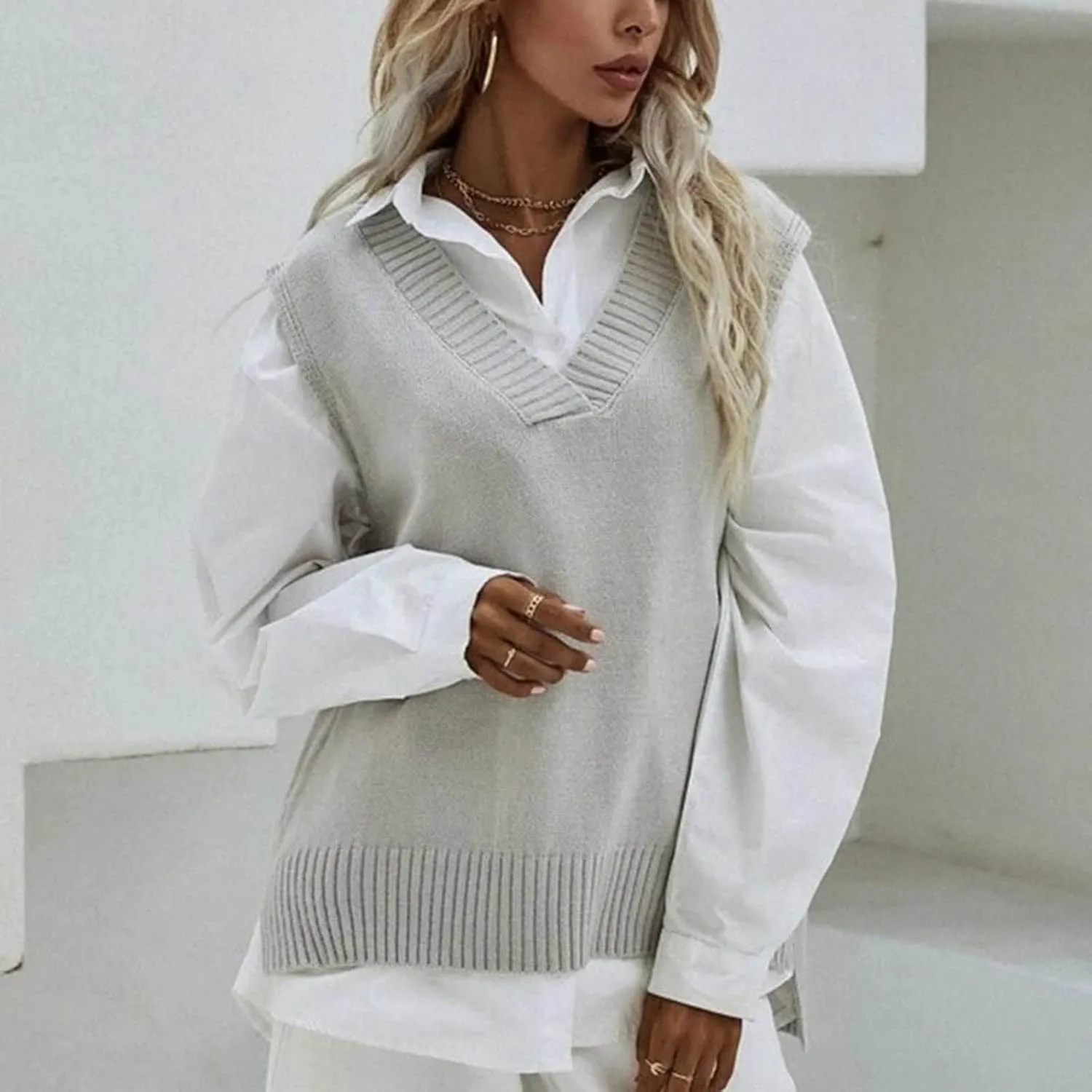 Womens V Neck Oversized Sweater Vest Oversized Sleeveless Cable Knitted Pullover Knit Vest Sweater