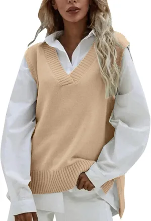 Womens V Neck Oversized Sweater Vest Oversized Sleeveless Cable Knitted Pullover Knit Vest Sweater