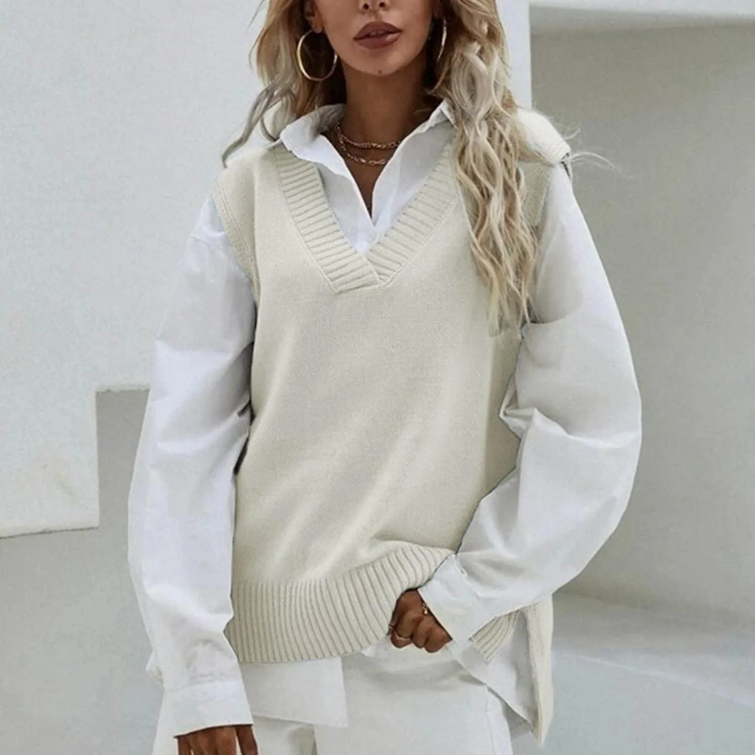 Womens V Neck Oversized Sweater Vest Oversized Sleeveless Cable Knitted Pullover Knit Vest Sweater
