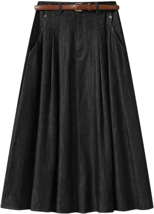Women's Vintage Denim Midi Skirts High Waist A-Line Pleated Skirts with Belt 2025 Spring Casual Streetwear