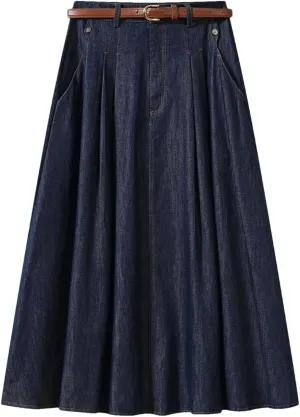 Women's Vintage Denim Midi Skirts High Waist A-Line Pleated Skirts with Belt 2025 Spring Casual Streetwear