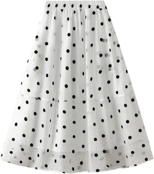 Women's Vintage Polka Dots Tulle Skirts Elastic Waist A Line Pleated Ruffle Midi Skirt Summer Loose Flowy Skirts