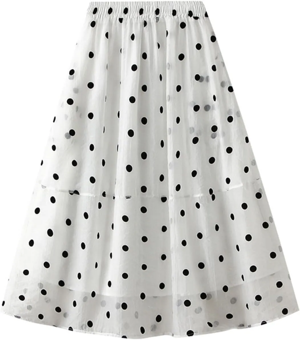 Women's Vintage Polka Dots Tulle Skirts Elastic Waist A Line Pleated Ruffle Midi Skirt Summer Loose Flowy Skirts