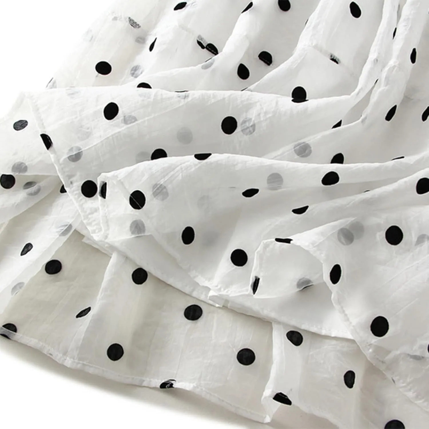 Women's Vintage Polka Dots Tulle Skirts Elastic Waist A Line Pleated Ruffle Midi Skirt Summer Loose Flowy Skirts