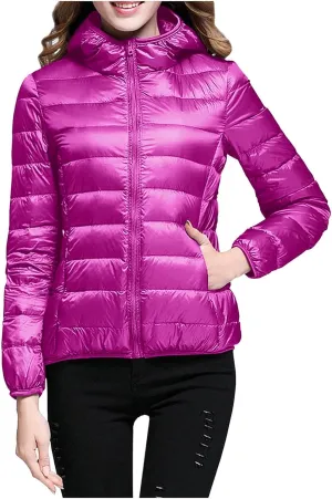 Womens Warm Lightweight Puffer Jacket 2024 Fashion Winter Coats Casual Full Zip Hooded Outwear 2024 Long Sleeve Coat
