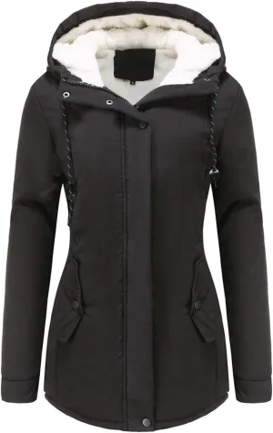 Womens Winter Coats Thickened Windproof Outerwear Warm Sherpa Lined Parkas Jacket with Fur Hood Plus Size Puffer Down