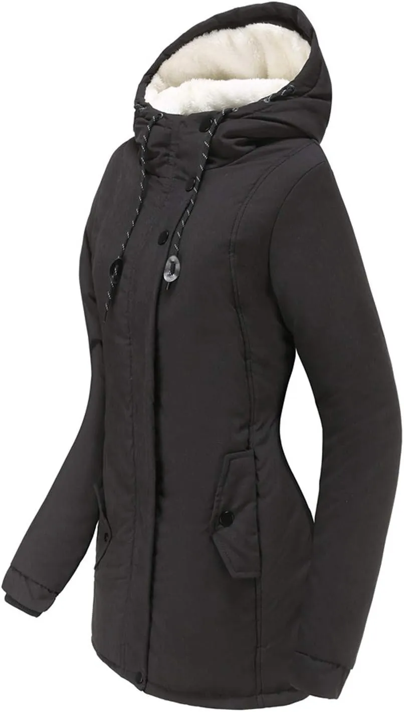 Womens Winter Coats Thickened Windproof Outerwear Warm Sherpa Lined Parkas Jacket with Fur Hood Plus Size Puffer Down