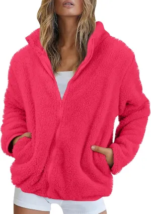 Women's Winter Fleece Sweatshirt Jacket Full Zip Sherpa Fur Hooded Jacket Lightweight Shaggy Teddy Coat Outerwear