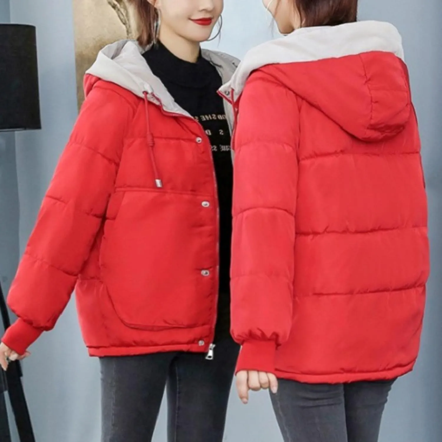 Womens Winter Quilted Hooded Jackets, Full Zip Thicken Long Sleeve Puffer Jacket Windproof Coats with Pocket
