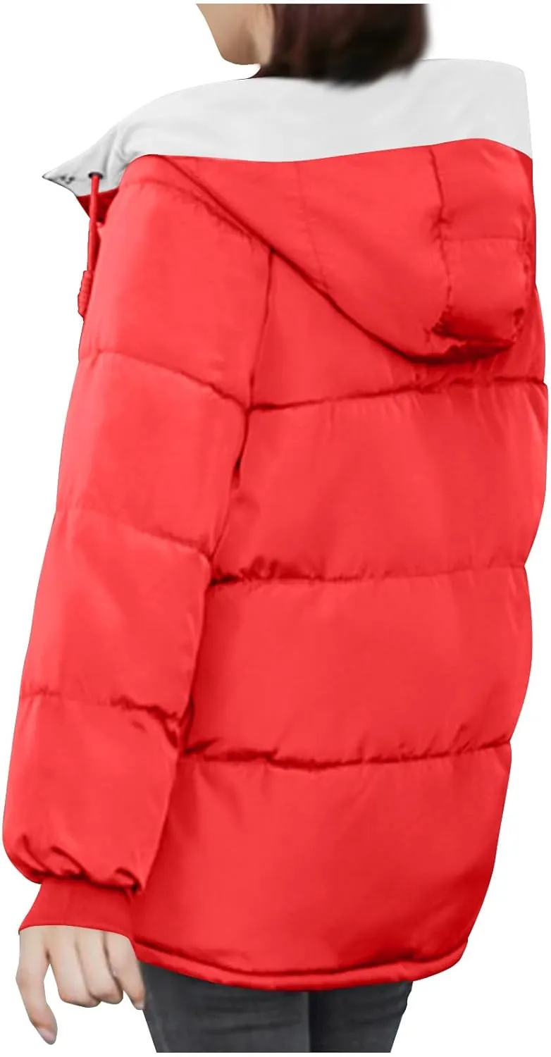 Womens Winter Quilted Hooded Jackets, Full Zip Thicken Long Sleeve Puffer Jacket Windproof Coats with Pocket