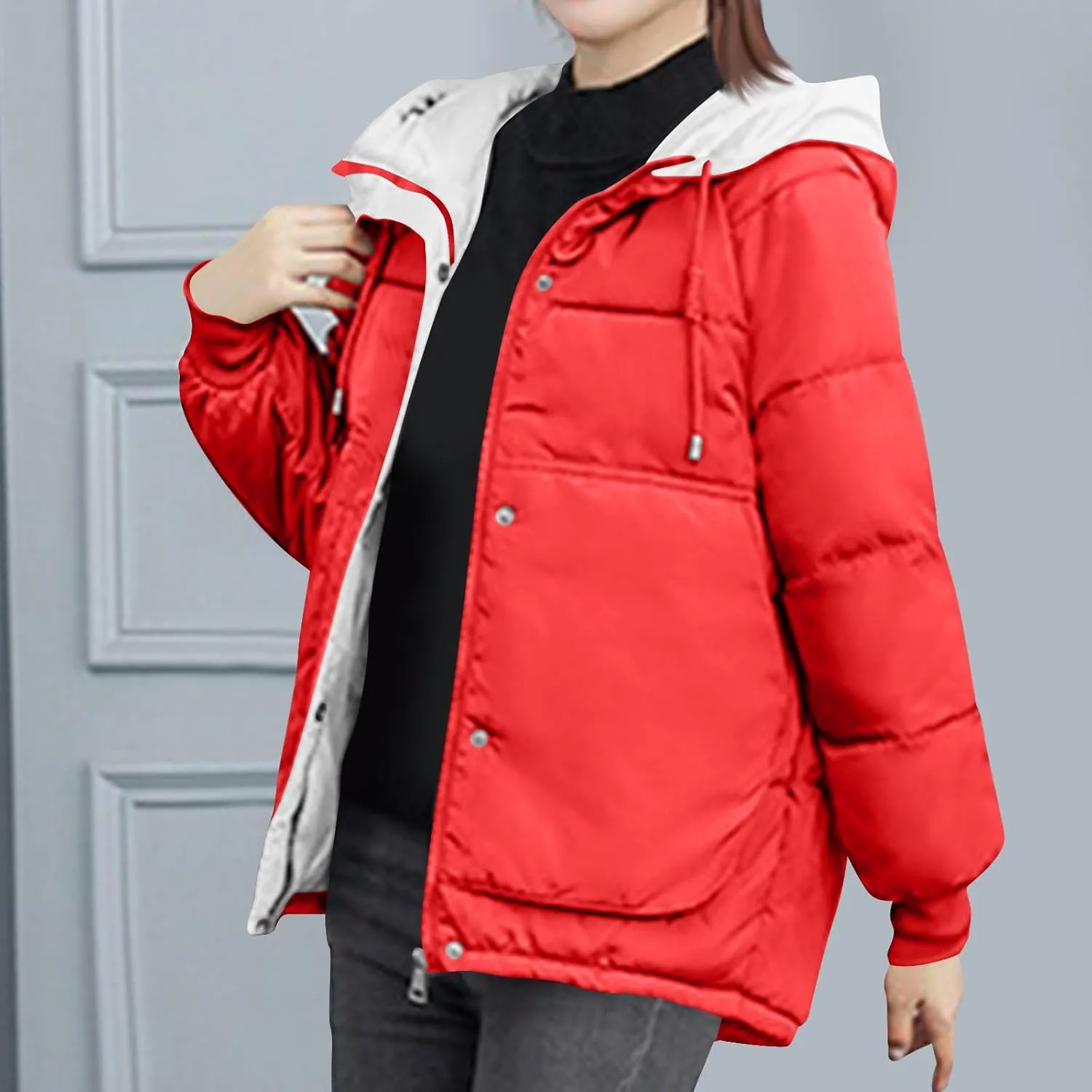 Womens Winter Quilted Hooded Jackets, Full Zip Thicken Long Sleeve Puffer Jacket Windproof Coats with Pocket