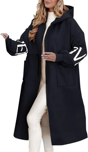 Womens Wool Blend Pea Coat Fashion Winter Dressy Overcoat Zipped Trench Jackets with Hood