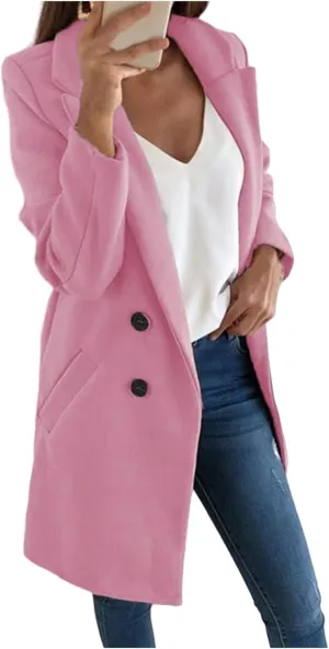 Womens Wool Blend Winter Coats Notch Double-Breasted Lapel Jacket Long Sleeve Mid-Long Coat