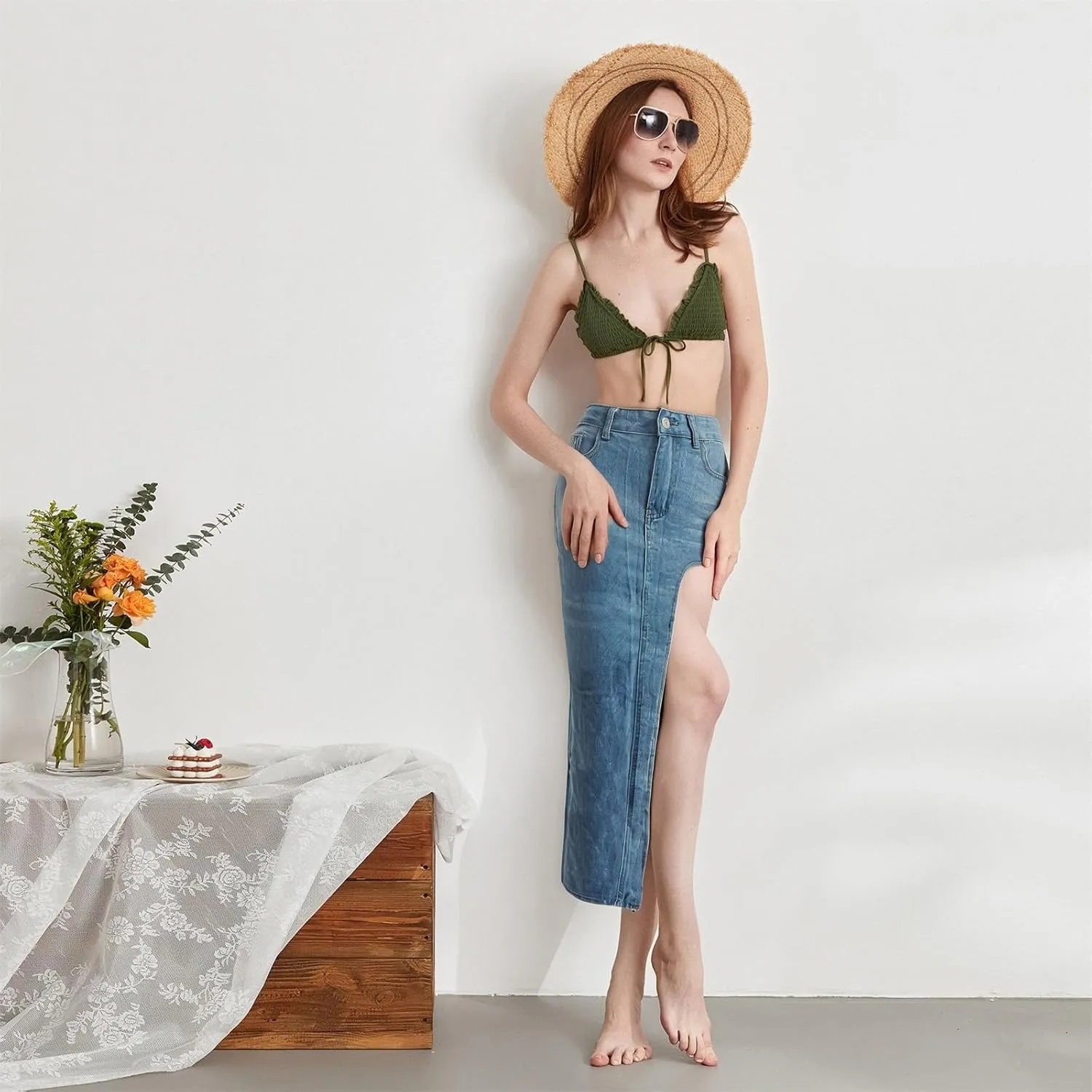 Women's Y2k Denim Midi Skirts Elegant Vintage High Waist Frayed Split A-Line Long Jean Skirts with Pockets