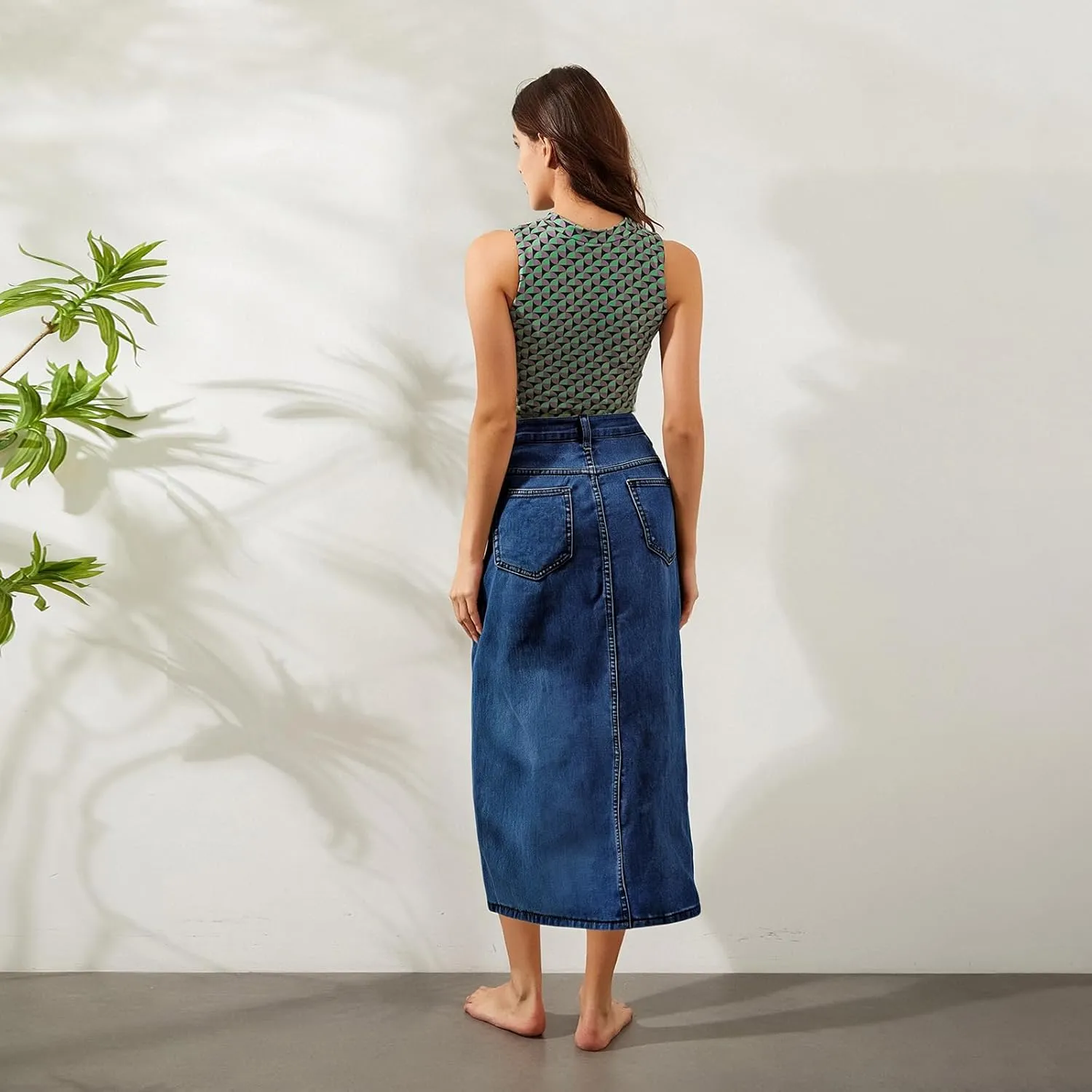 Women's Y2k Denim Midi Skirts Elegant Vintage High Waist Frayed Split A-Line Long Jean Skirts with Pockets
