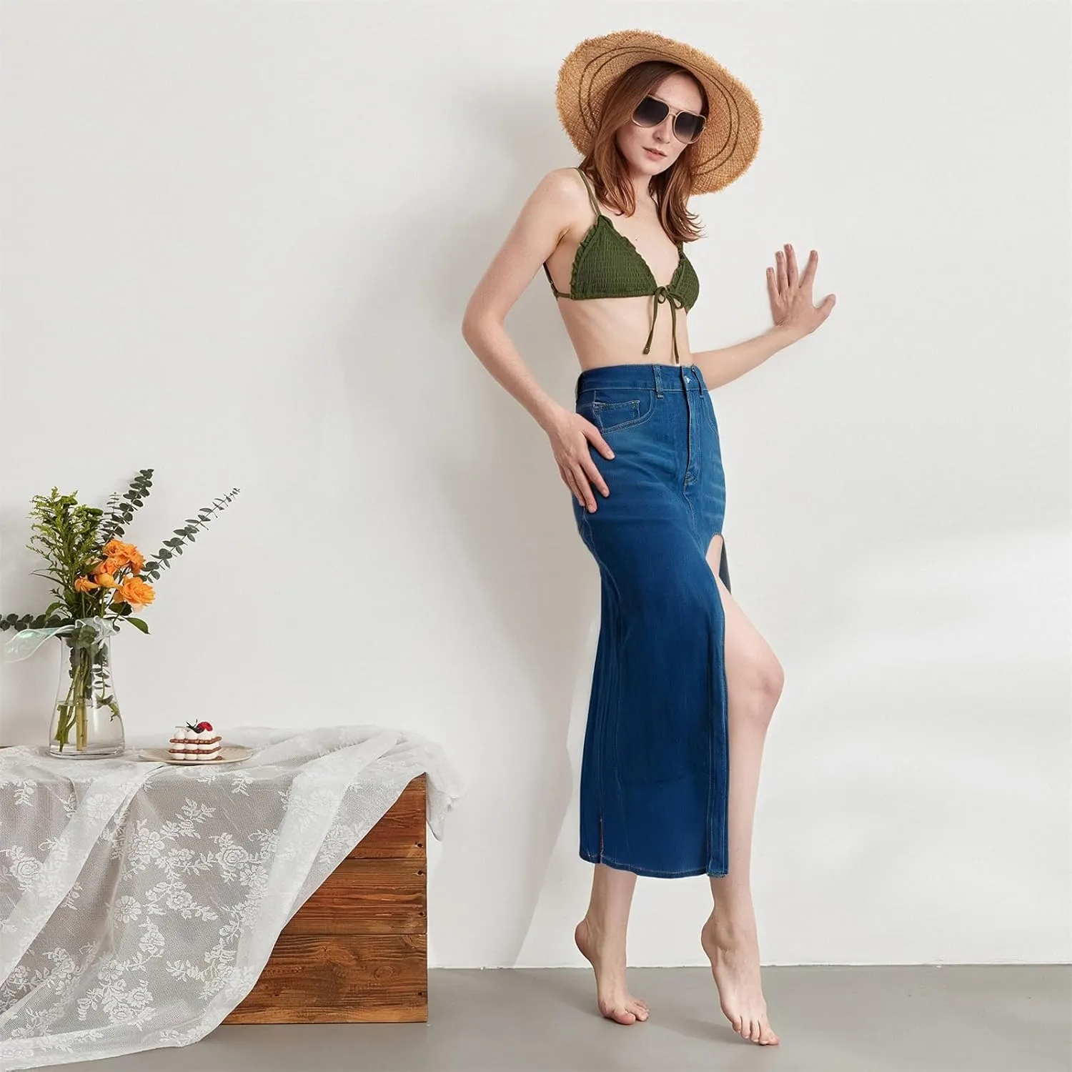 Women's Y2k Denim Midi Skirts Elegant Vintage High Waist Frayed Split A-Line Long Jean Skirts with Pockets