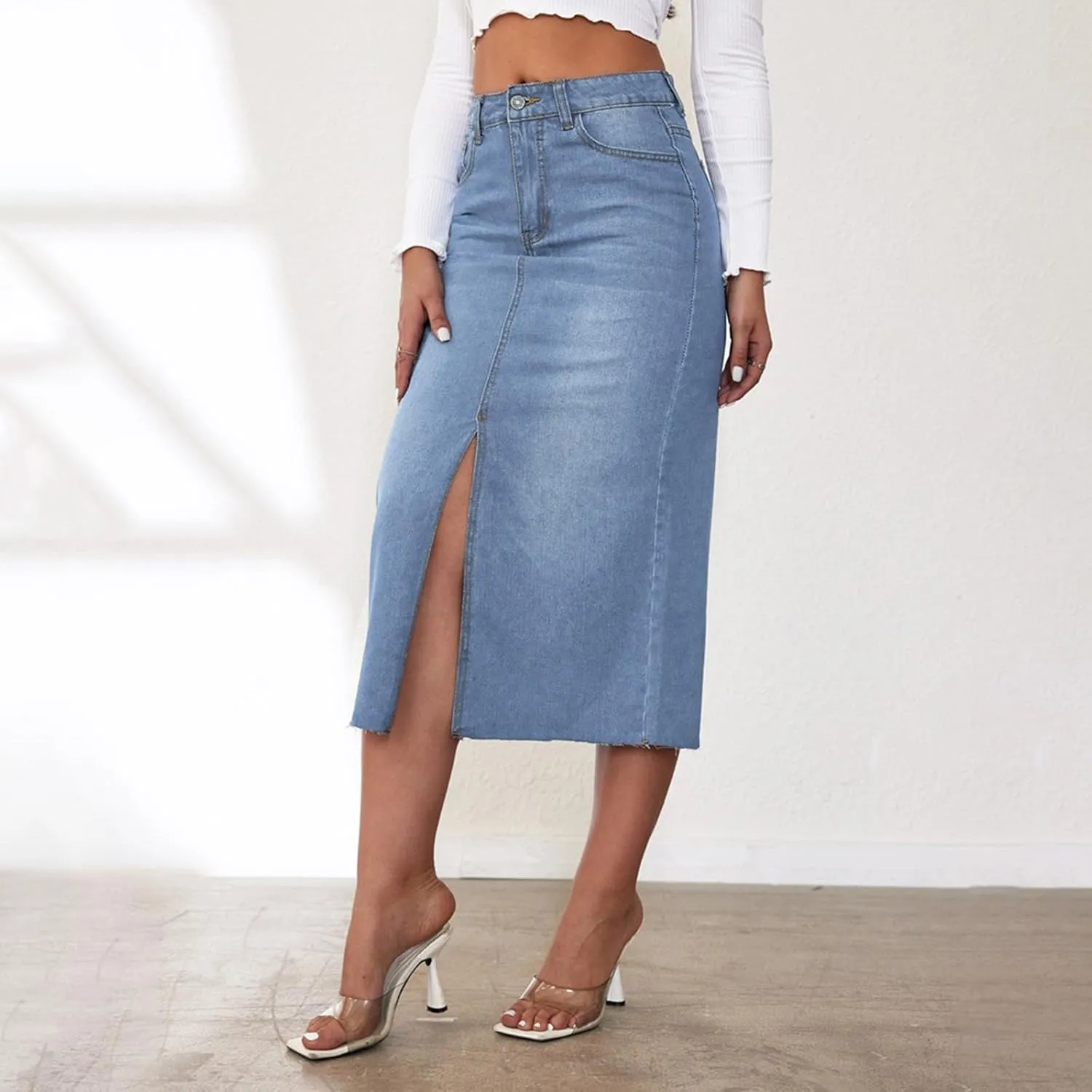 Women's Y2k Denim Midi Skirts Elegant Vintage High Waist Frayed Split A-Line Long Jean Skirts with Pockets