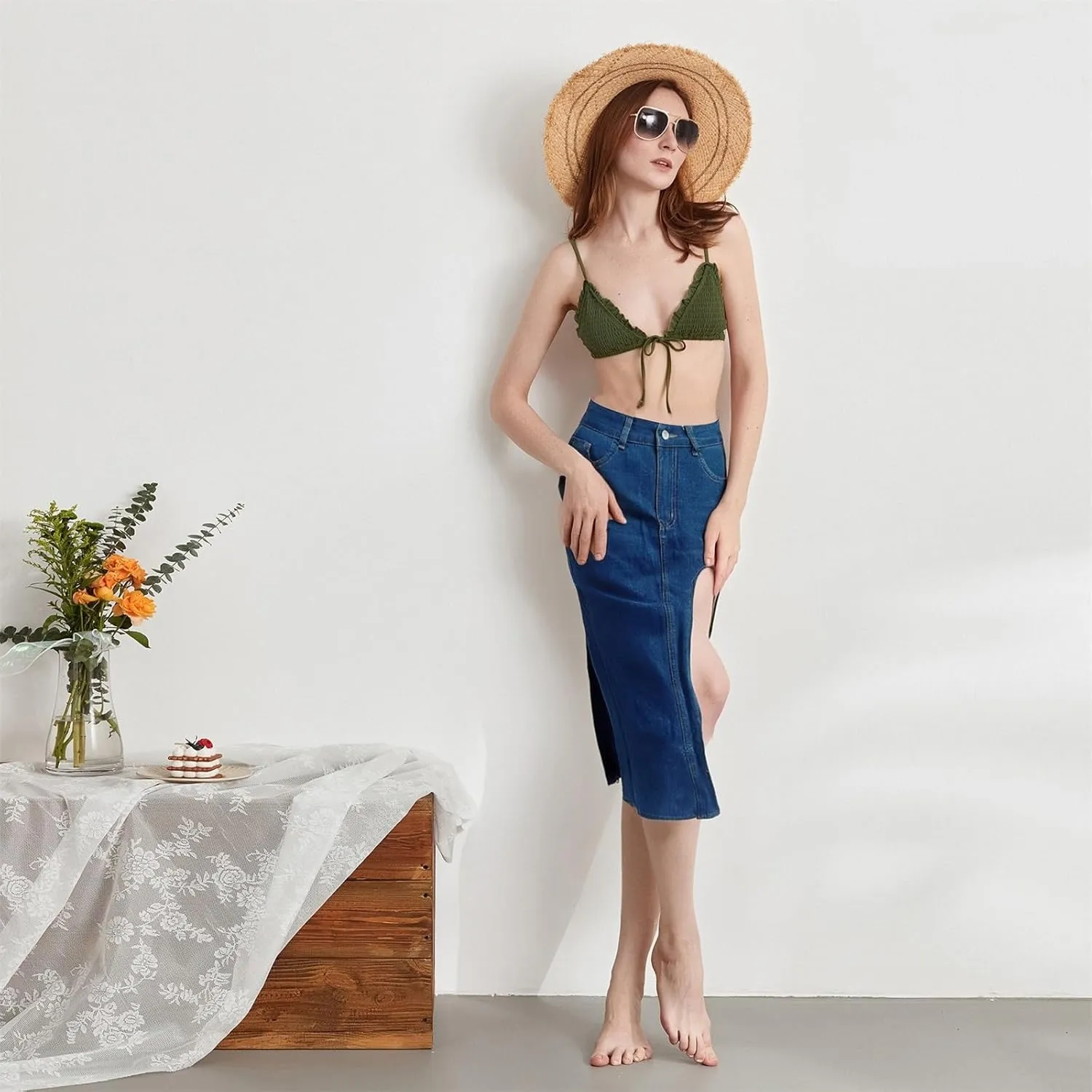 Women's Y2k Denim Midi Skirts Elegant Vintage High Waist Frayed Split A-Line Long Jean Skirts with Pockets