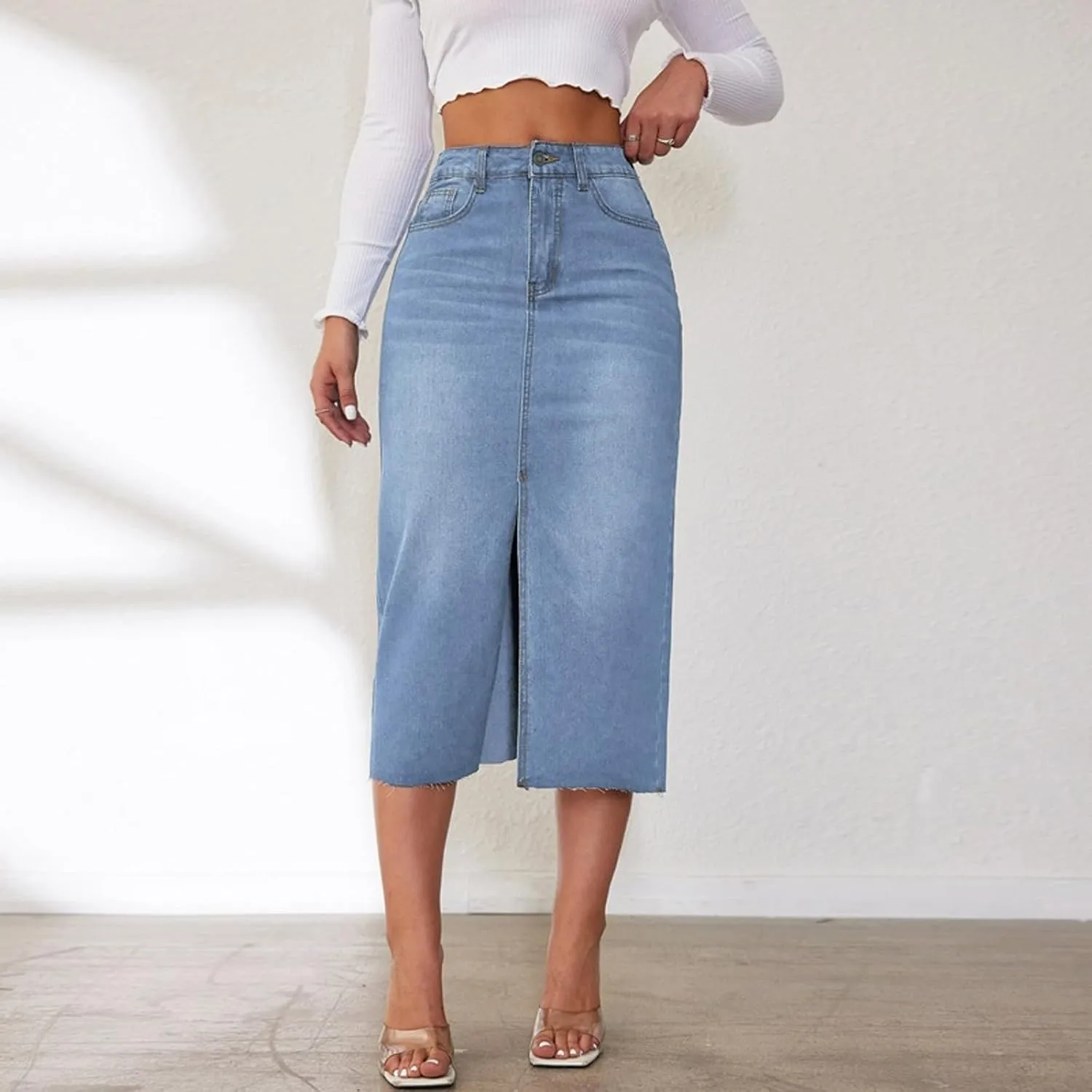Women's Y2k Denim Midi Skirts Elegant Vintage High Waist Frayed Split A-Line Long Jean Skirts with Pockets
