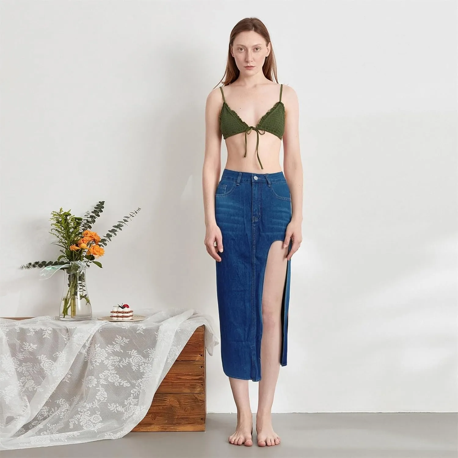 Women's Y2k Denim Midi Skirts Elegant Vintage High Waist Frayed Split A-Line Long Jean Skirts with Pockets