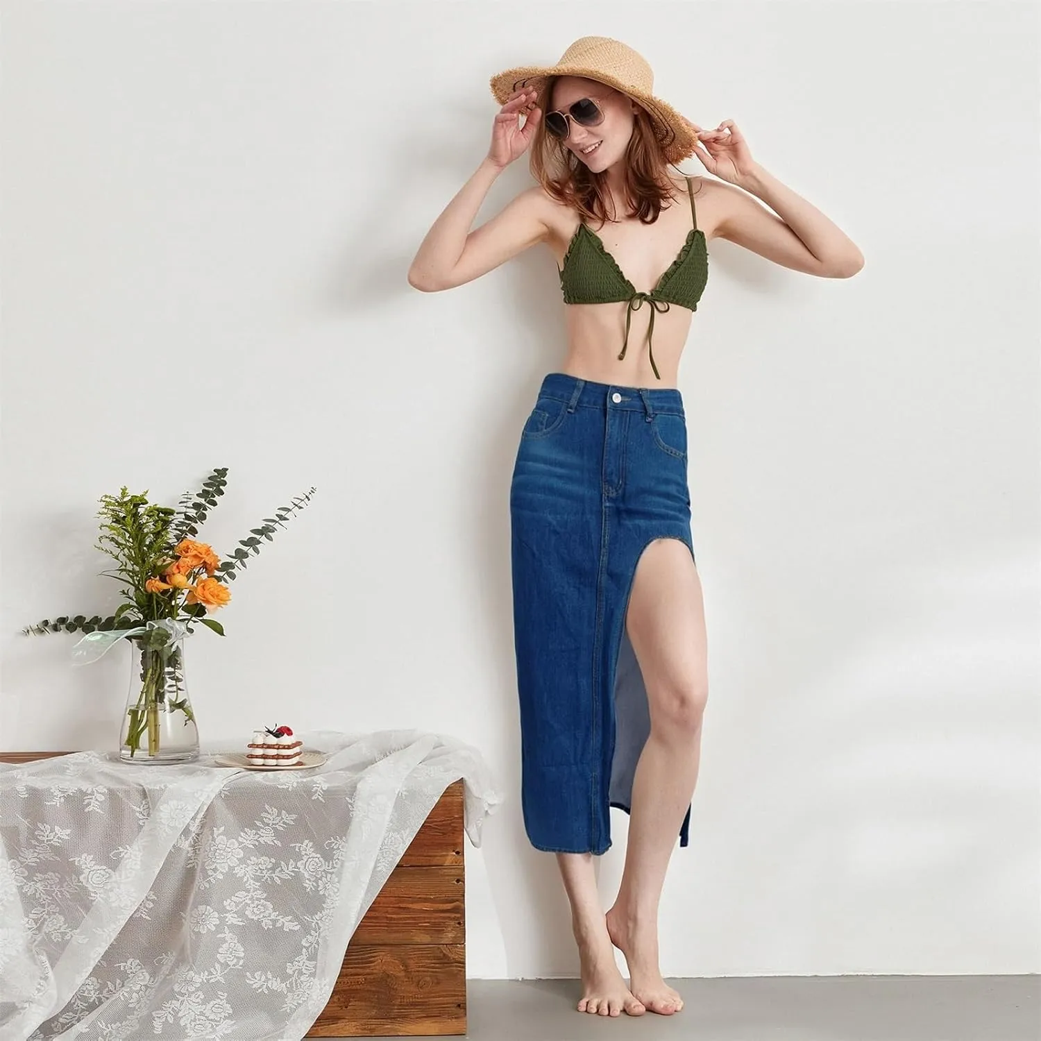 Women's Y2k Denim Midi Skirts Elegant Vintage High Waist Frayed Split A-Line Long Jean Skirts with Pockets