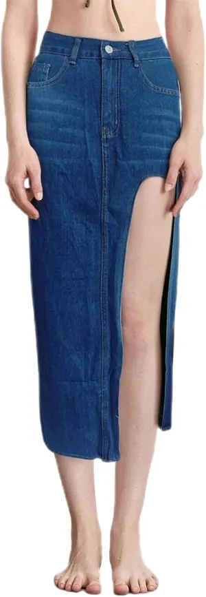 Women's Y2k Denim Midi Skirts Elegant Vintage High Waist Frayed Split A-Line Long Jean Skirts with Pockets