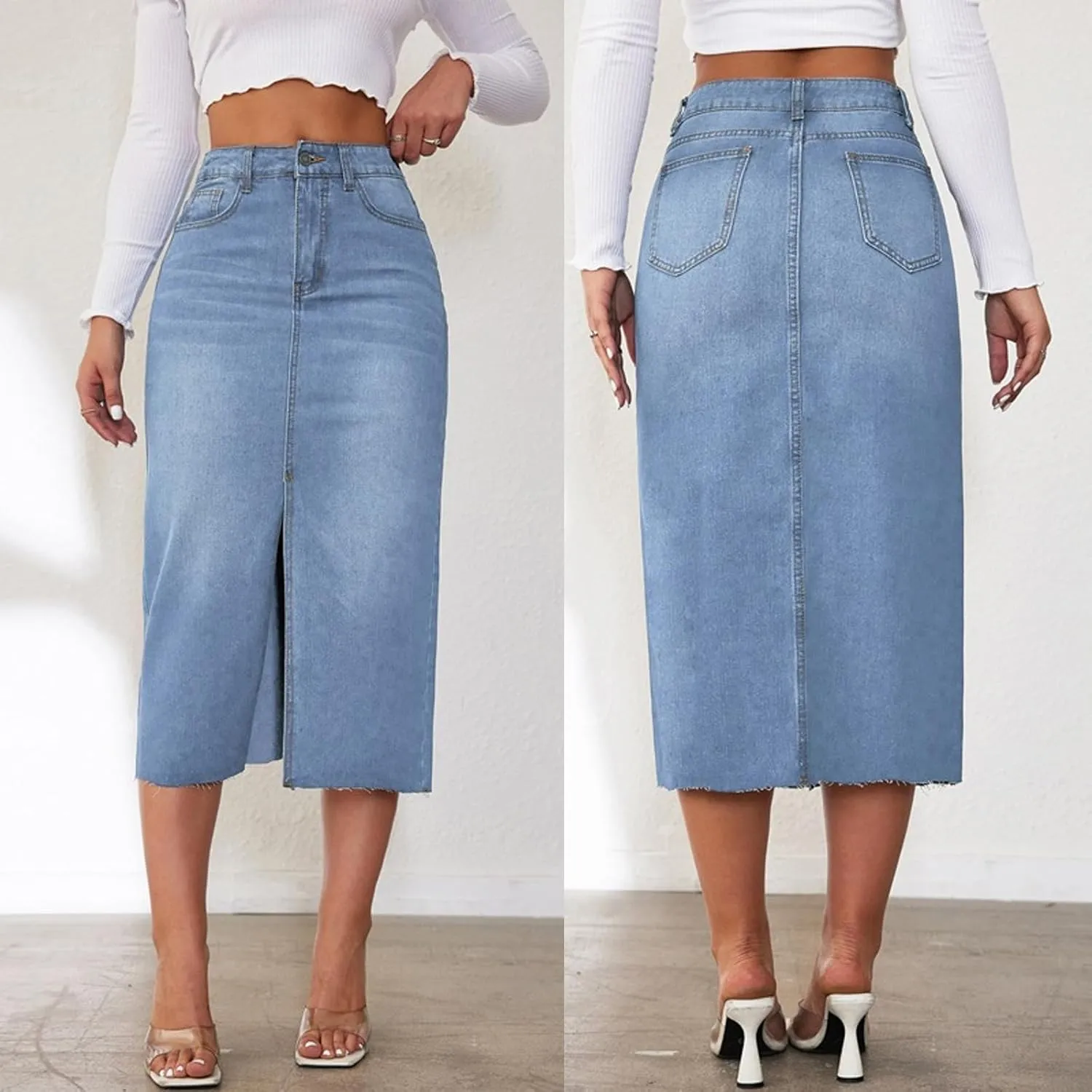 Women's Y2k Denim Midi Skirts Elegant Vintage High Waist Frayed Split A-Line Long Jean Skirts with Pockets