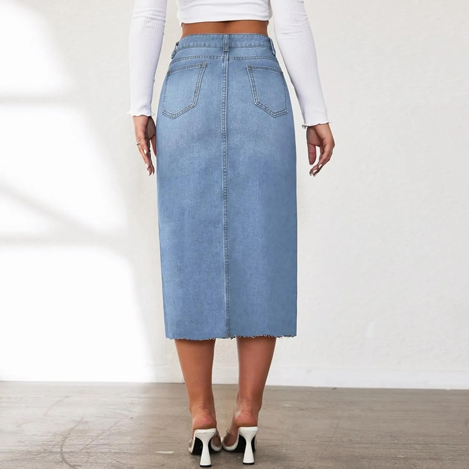 Women's Y2k Denim Midi Skirts Elegant Vintage High Waist Frayed Split A-Line Long Jean Skirts with Pockets