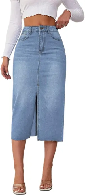 Women's Y2k Denim Midi Skirts Elegant Vintage High Waist Frayed Split A-Line Long Jean Skirts with Pockets