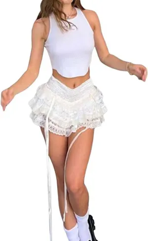 Womens Y2k Lace Trim Lolita Bloomers Cute Lace Bow Layered Ruffled Frilly Skirts Fairy Bodycon Mini Bloomer Skirts