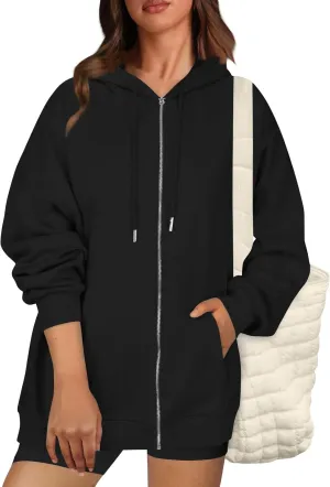 Womens Zip up Jackets with Hood Fall Winter Outerwear Long Sweatshirt Casual Loose Oversized Coats with Pockets