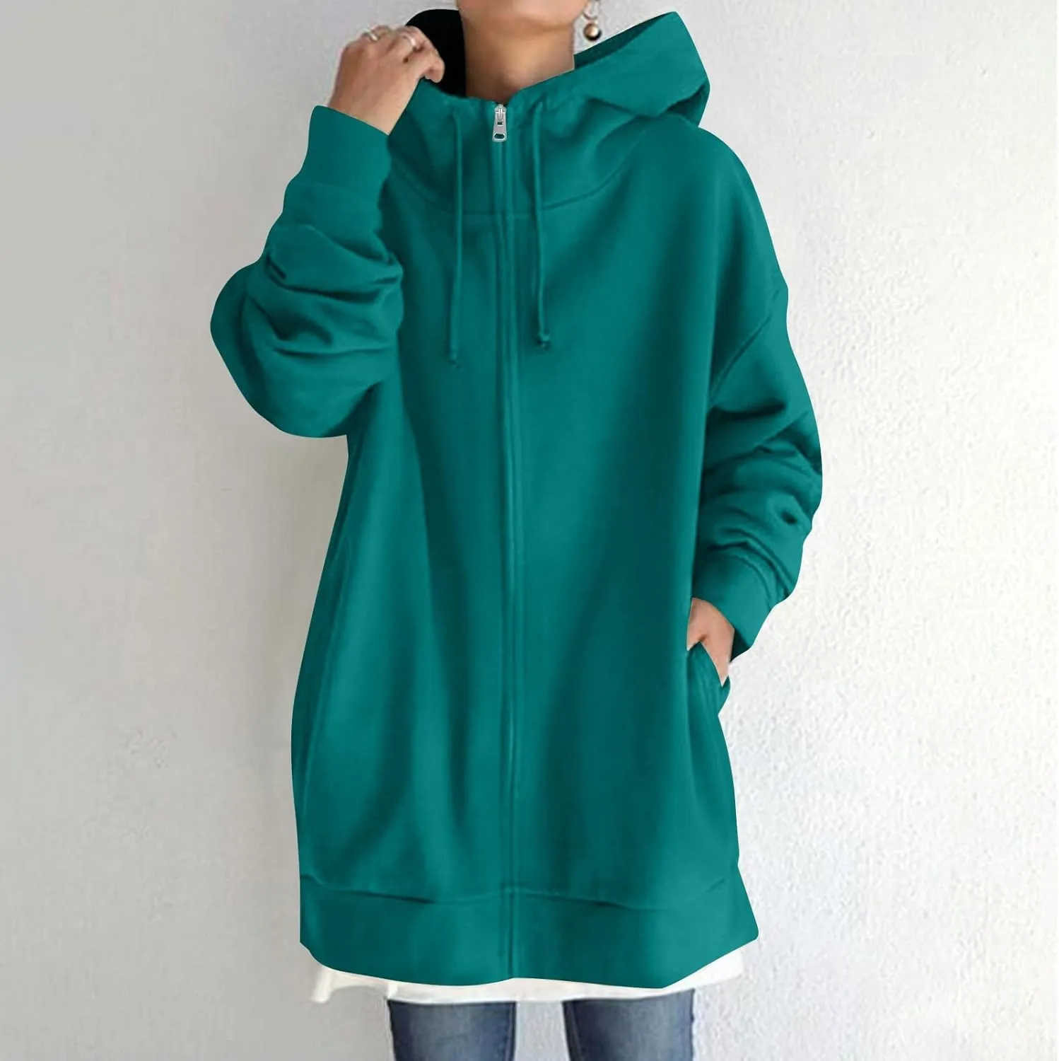 Womens Zip up Jackets with Hood Fall Winter Outerwear Long Sweatshirt Casual Loose Oversized Coats with Pockets