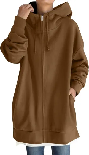 Womens Zip up Jackets with Hood Fall Winter Outerwear Long Sweatshirt Casual Loose Oversized Coats with Pockets