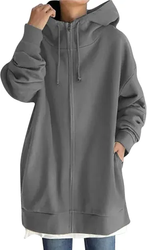 Womens Zip up Jackets with Hood Fall Winter Outerwear Long Sweatshirt Casual Loose Oversized Coats with Pockets