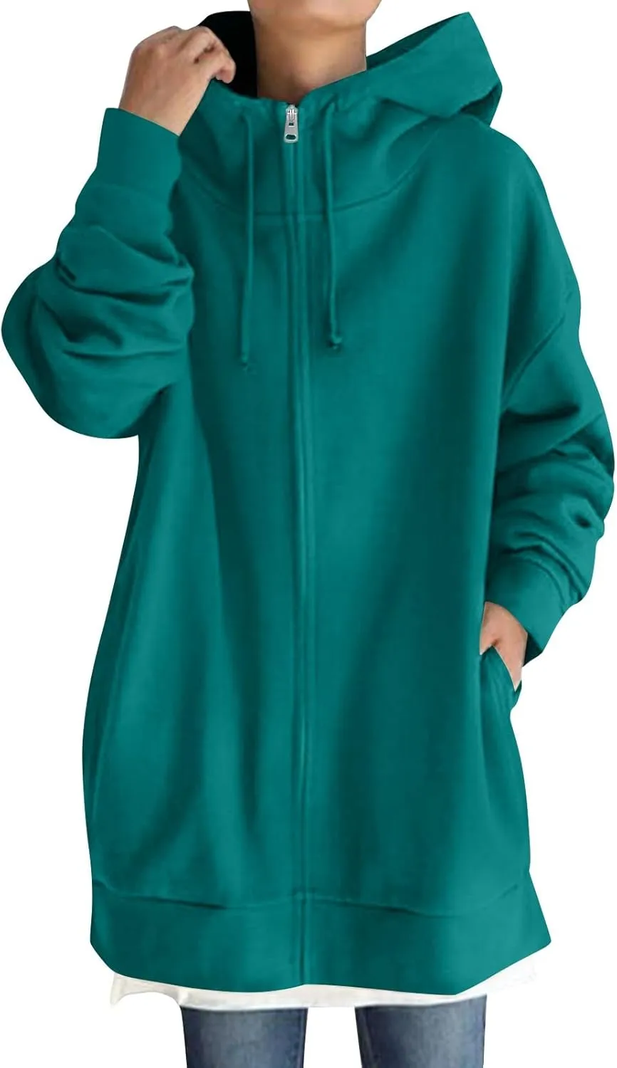 Womens Zip up Jackets with Hood Fall Winter Outerwear Long Sweatshirt Casual Loose Oversized Coats with Pockets