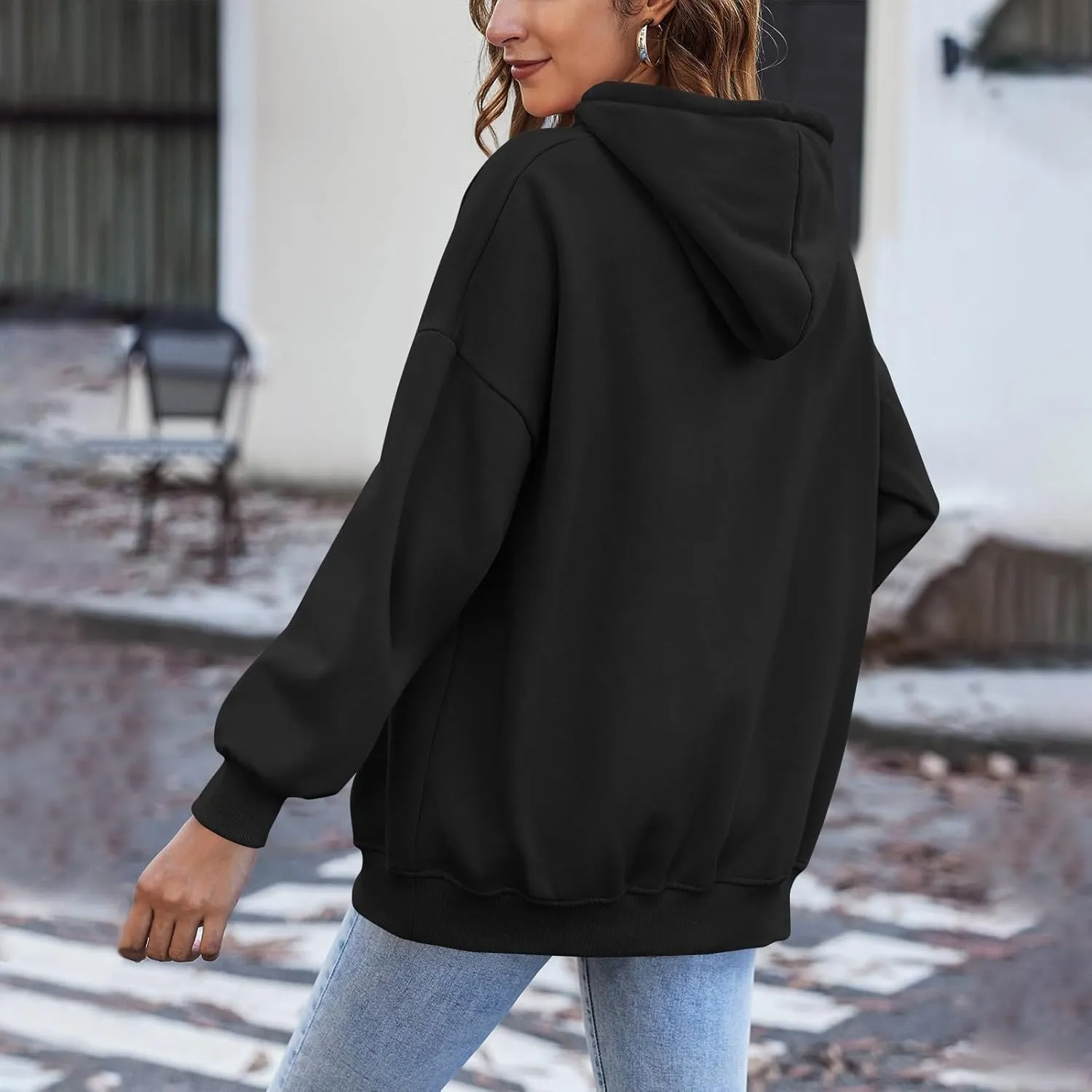 Womens Zip up Jackets with Hood Fall Winter Outerwear Long Sweatshirt Casual Loose Oversized Coats with Pockets