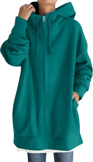 Womens Zip up Jackets with Hood Fall Winter Outerwear Long Sweatshirt Casual Loose Oversized Coats with Pockets