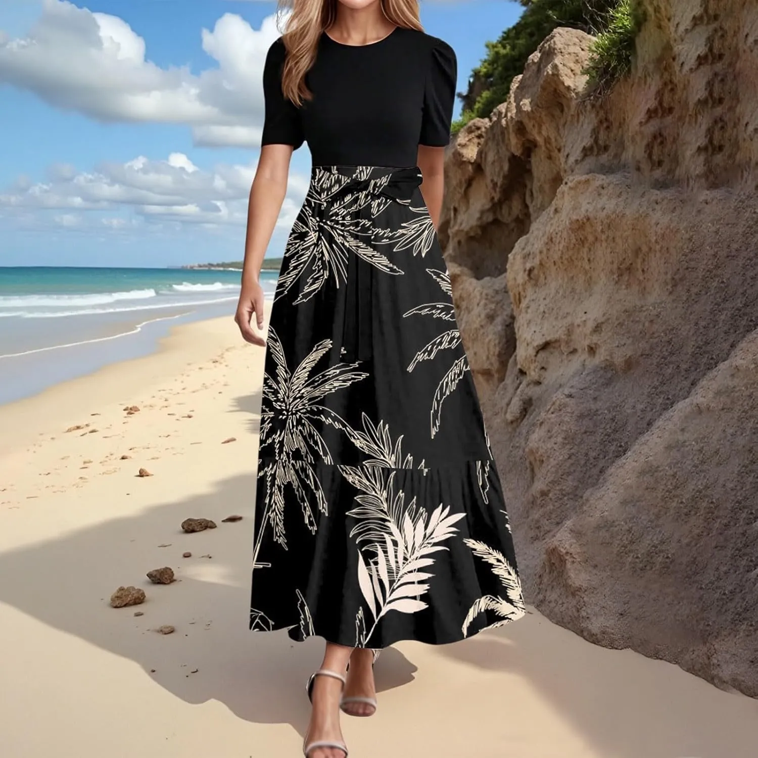 Work Dresses for Women 2025 Elegant Boho Tie Belted Patchwork Maxi Dress Empire Waist Short Sleeve Easter Dresses