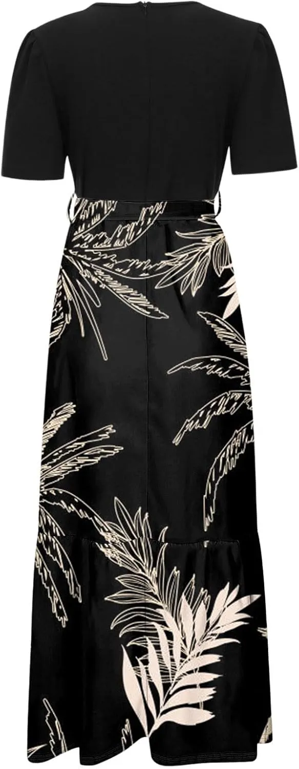 Work Dresses for Women 2025 Elegant Boho Tie Belted Patchwork Maxi Dress Empire Waist Short Sleeve Easter Dresses
