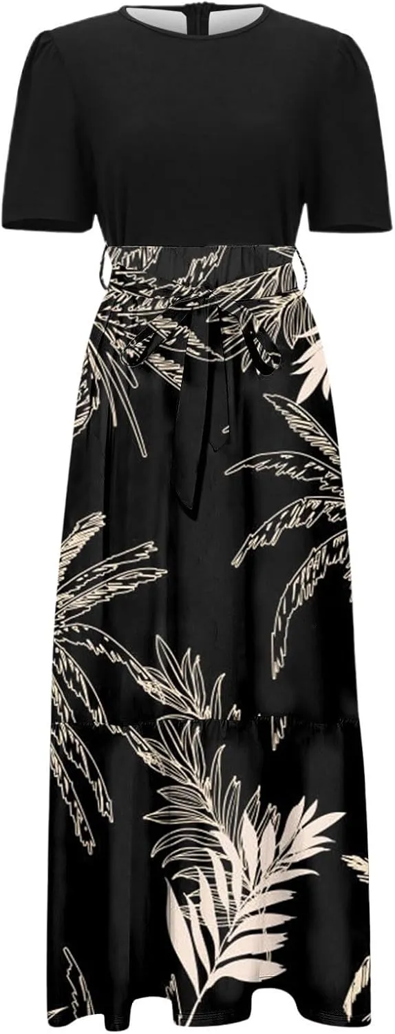 Work Dresses for Women 2025 Elegant Boho Tie Belted Patchwork Maxi Dress Empire Waist Short Sleeve Easter Dresses