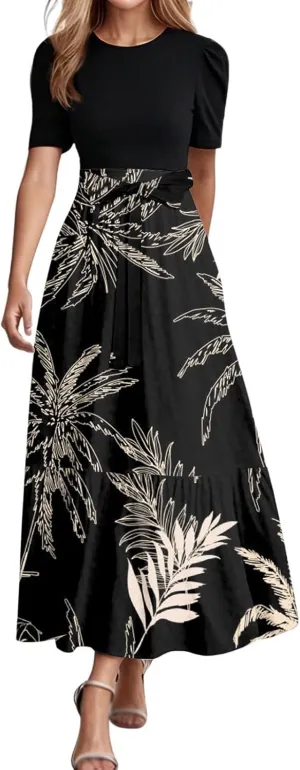 Work Dresses for Women 2025 Elegant Boho Tie Belted Patchwork Maxi Dress Empire Waist Short Sleeve Easter Dresses