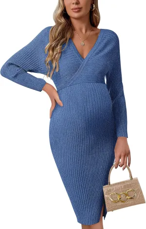 Wrap V Neck Maternity Sweater Dress Rib Knit Batwing Open Back Slit Pregnancy Dresses Baby Shower Photoshoot Outfit