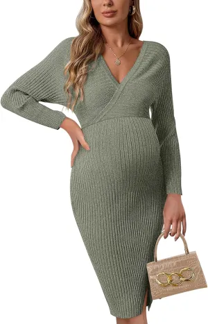 Wrap V Neck Maternity Sweater Dress Rib Knit Batwing Open Back Slit Pregnancy Dresses Baby Shower Photoshoot Outfit
