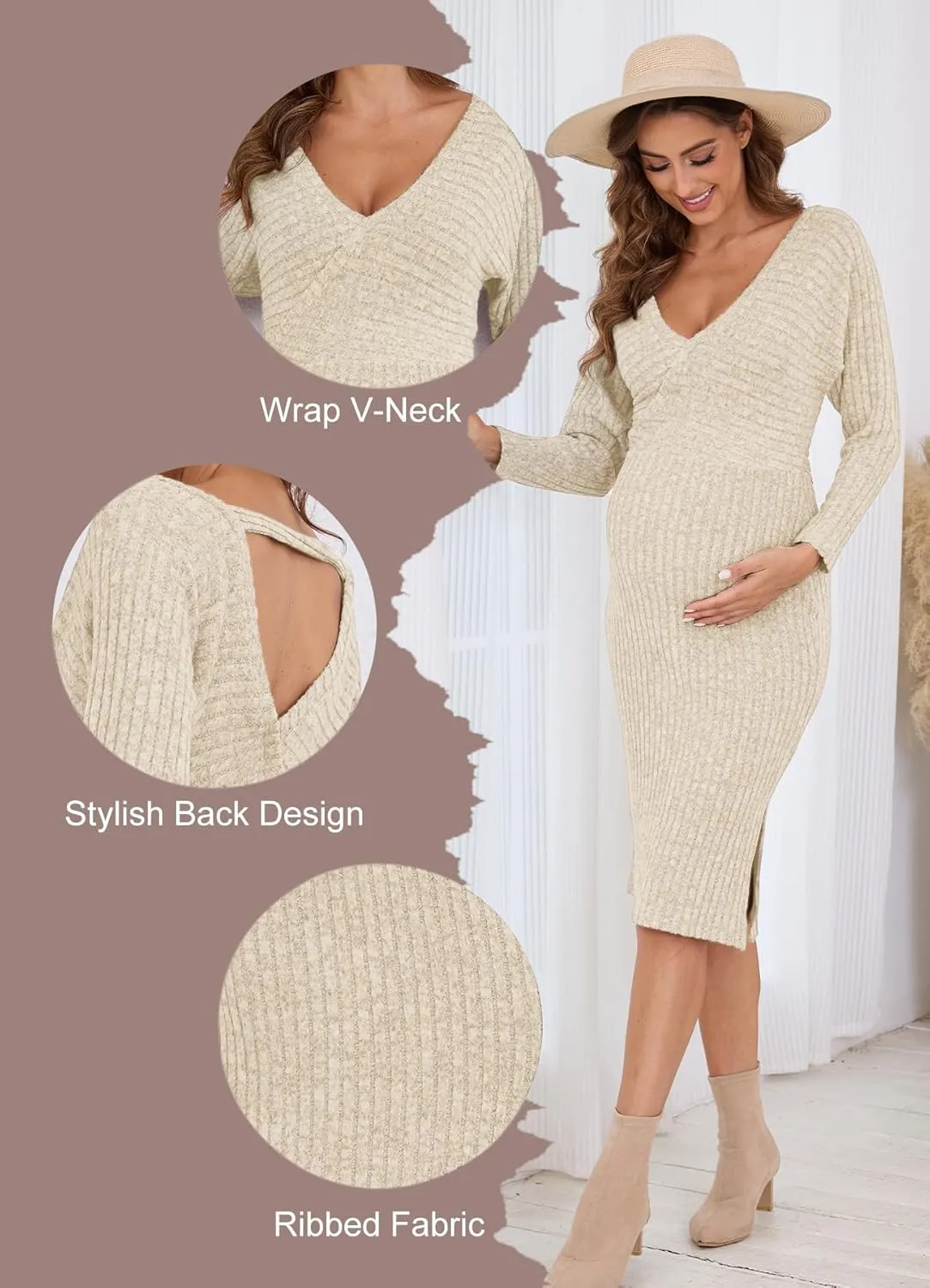 Wrap V Neck Maternity Sweater Dress Rib Knit Batwing Open Back Slit Pregnancy Dresses Baby Shower Photoshoot Outfit