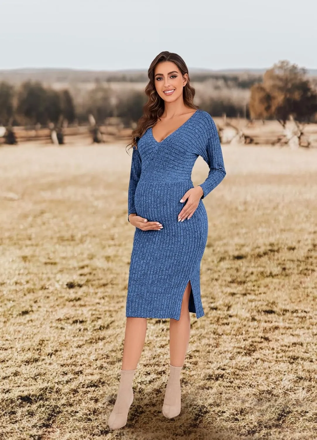 Wrap V Neck Maternity Sweater Dress Rib Knit Batwing Open Back Slit Pregnancy Dresses Baby Shower Photoshoot Outfit