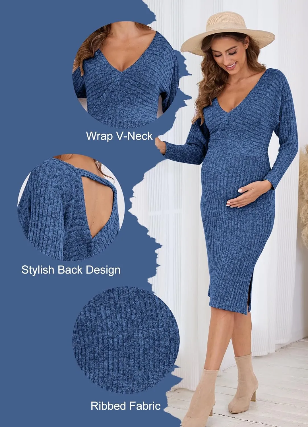 Wrap V Neck Maternity Sweater Dress Rib Knit Batwing Open Back Slit Pregnancy Dresses Baby Shower Photoshoot Outfit