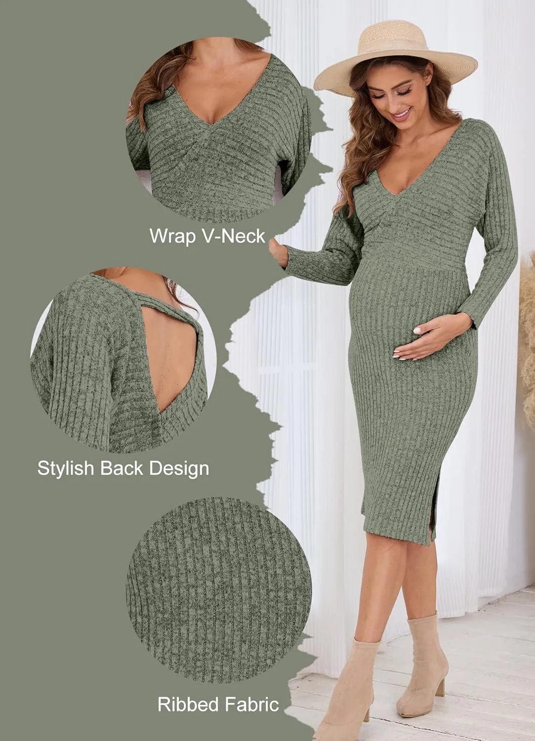 Wrap V Neck Maternity Sweater Dress Rib Knit Batwing Open Back Slit Pregnancy Dresses Baby Shower Photoshoot Outfit