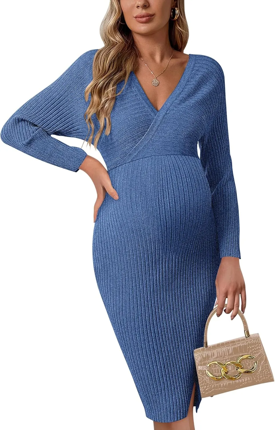 Wrap V Neck Maternity Sweater Dress Rib Knit Batwing Open Back Slit Pregnancy Dresses Baby Shower Photoshoot Outfit