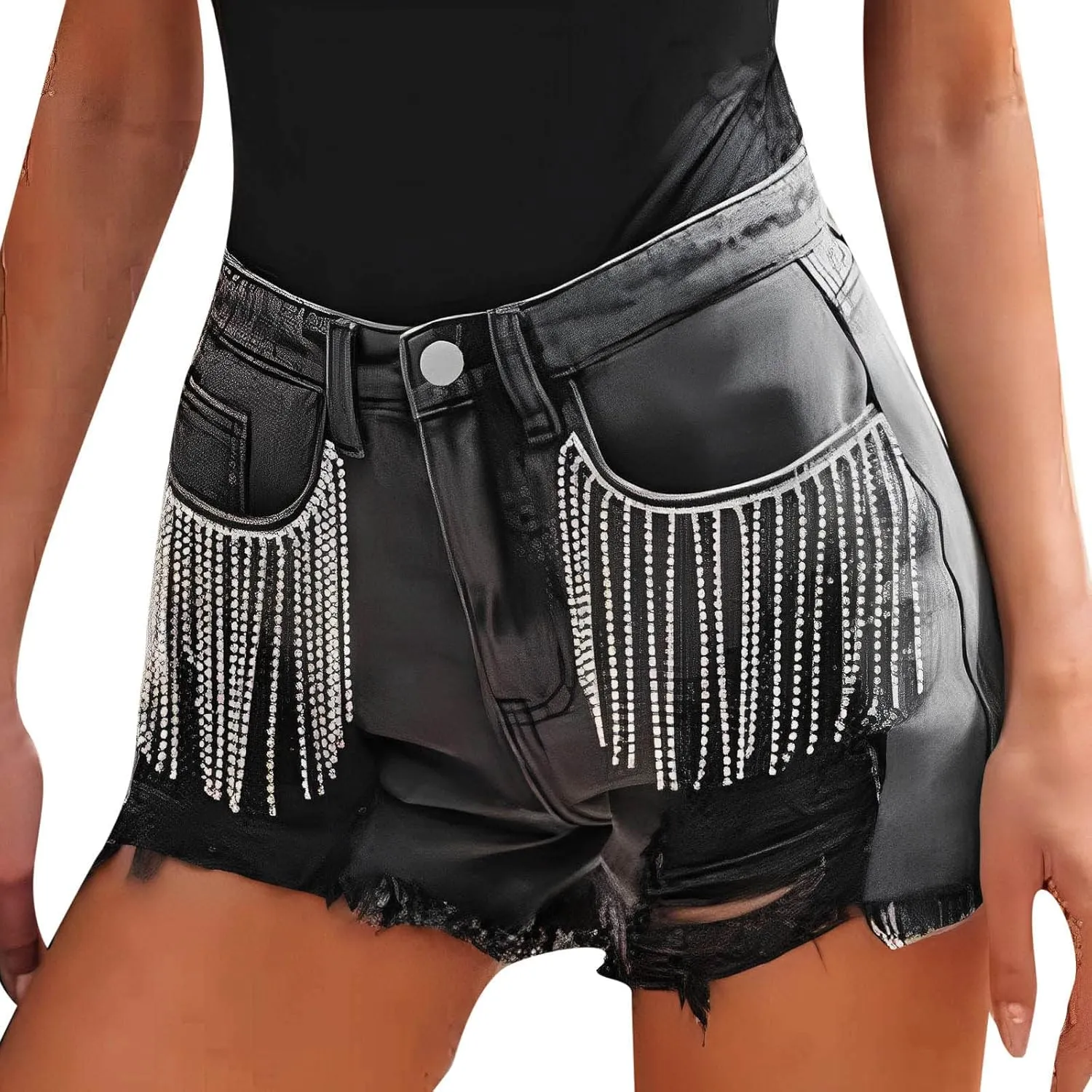 XIAOBU Summer Denim Shorts Womens High Waisted Tight Mini Short Jeans Pocket Zipper Floral Lace Trim Hot Pants,Black_15,L