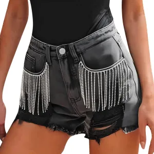 XIAOBU Summer Denim Shorts Womens High Waisted Tight Mini Short Jeans Pocket Zipper Floral Lace Trim Hot Pants,Black_15,L